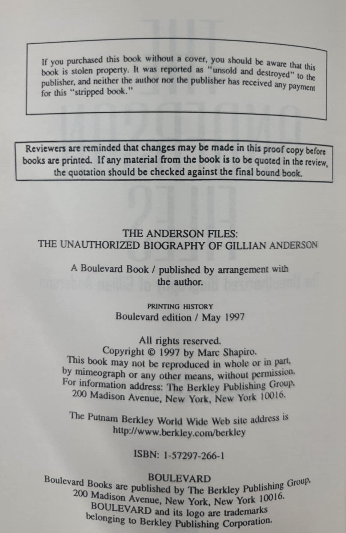 X-Files - Uncorrected Proof- ANDERSON FILES- The Unauthorized Biography of Gillian Anderson -Very Rare