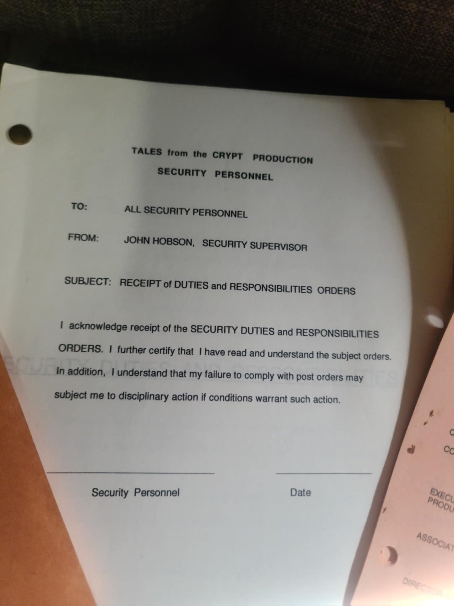 "Tales From The Crypt" Crew/Staff log sheets -Production Used -Horror