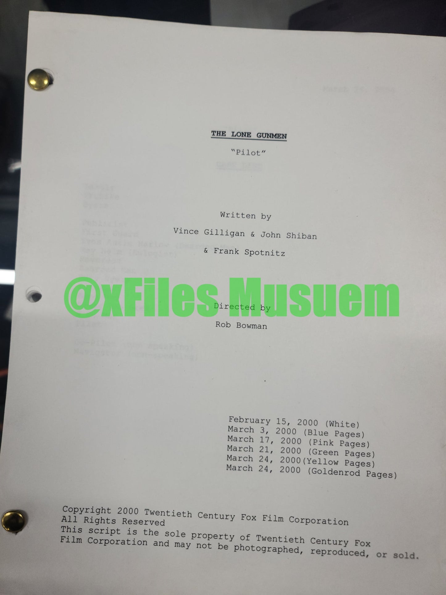 Lone Gunmen Script -Episode "PILOT" - Not Production Used