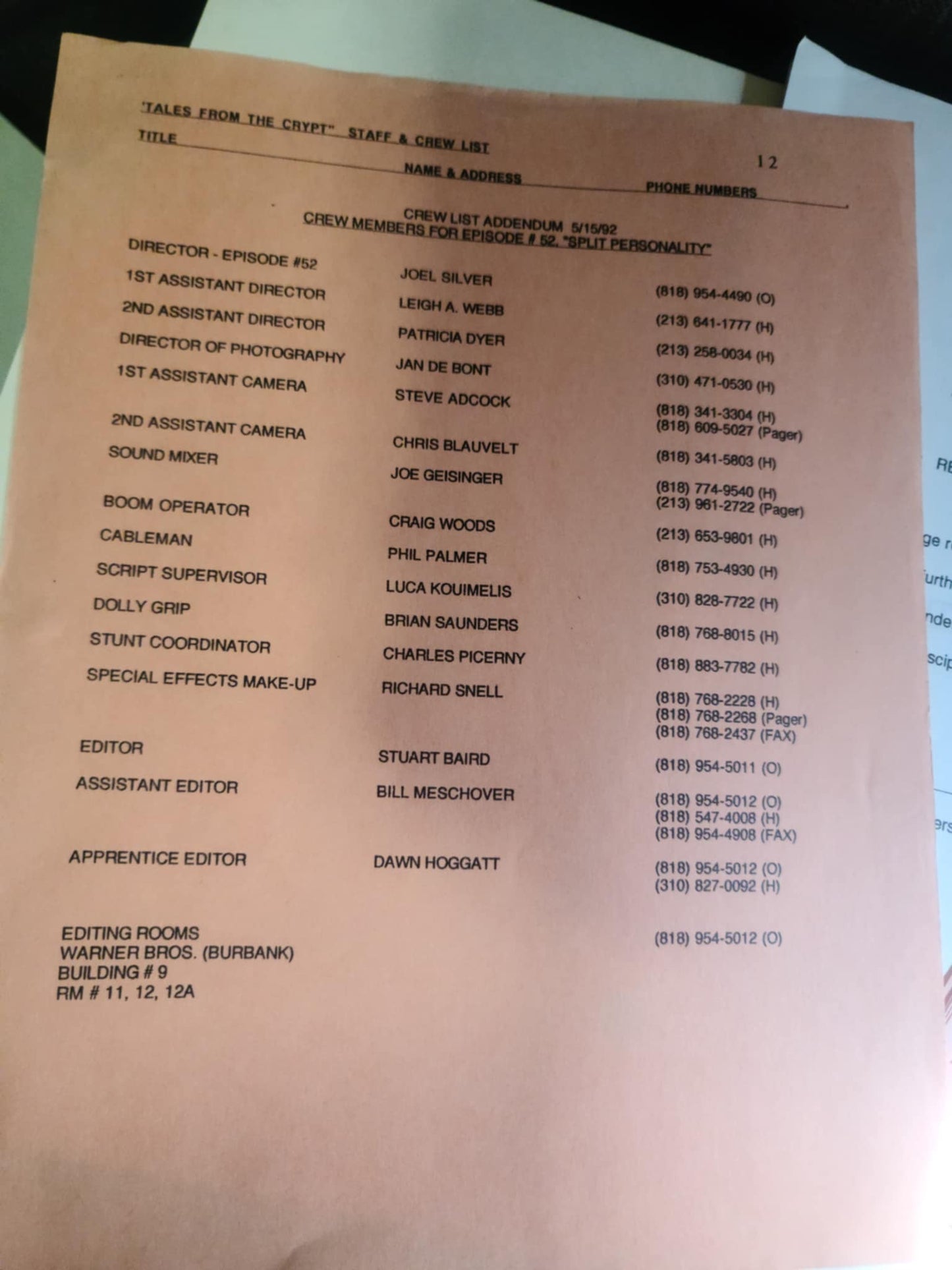 "Tales From The Crypt" Crew/Staff log sheets -Production Used -Horror