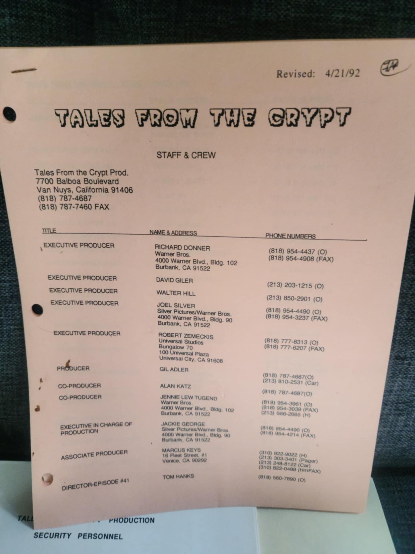 "Tales From The Crypt" Crew/Staff log sheets -Production Used -Horror