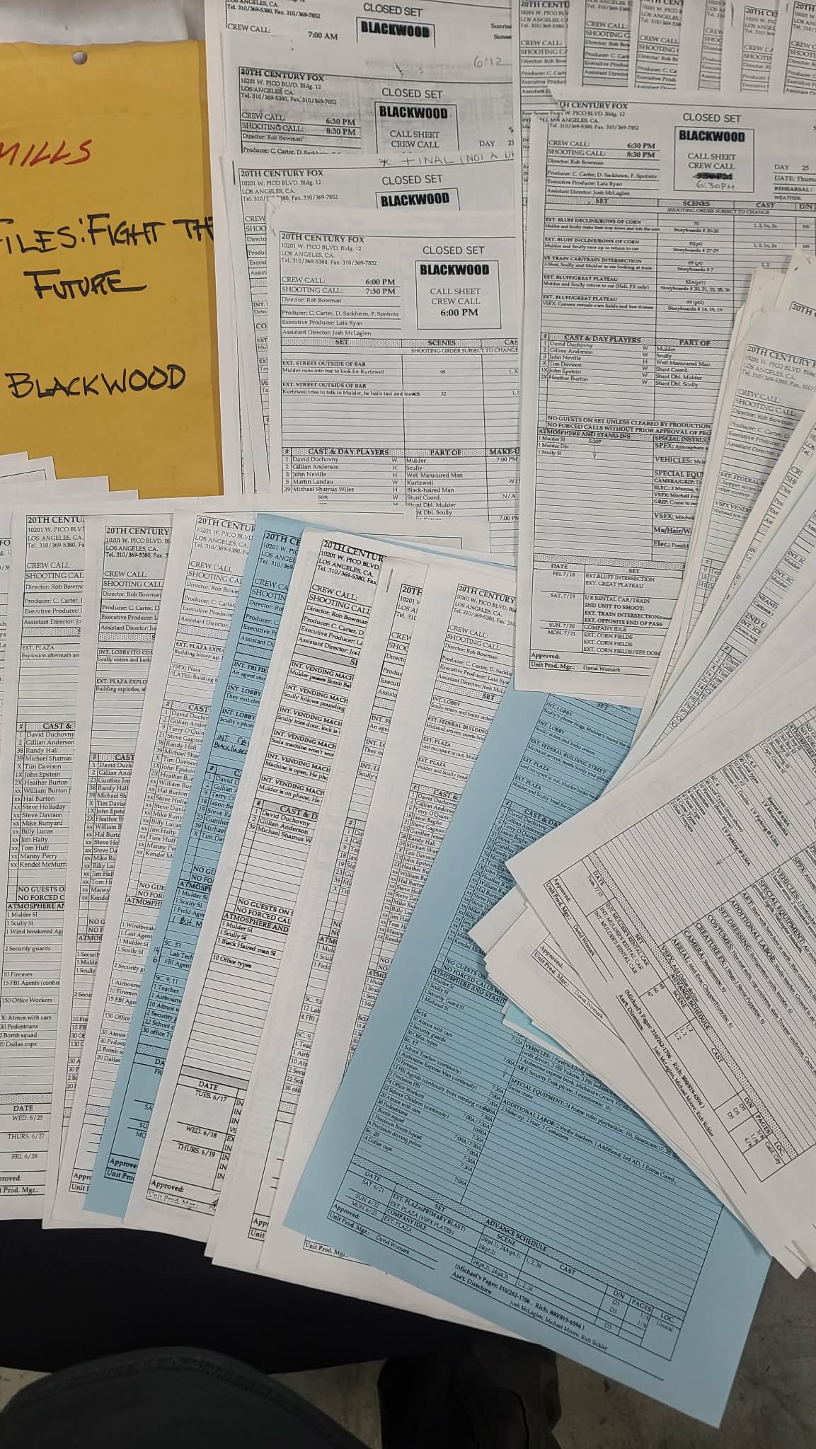 *X-Files - VERY RARE ** Blackwood / Fight The Future Original Production Call Sheets (approx. 80 ), and more
