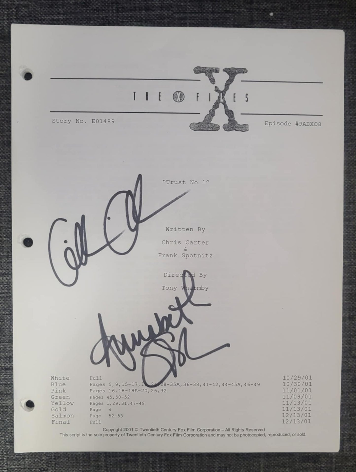 The X-Files "Trust No One" Production Script - - Autographed by Gillian Anderson and Annabeth Gish  - (JAB)