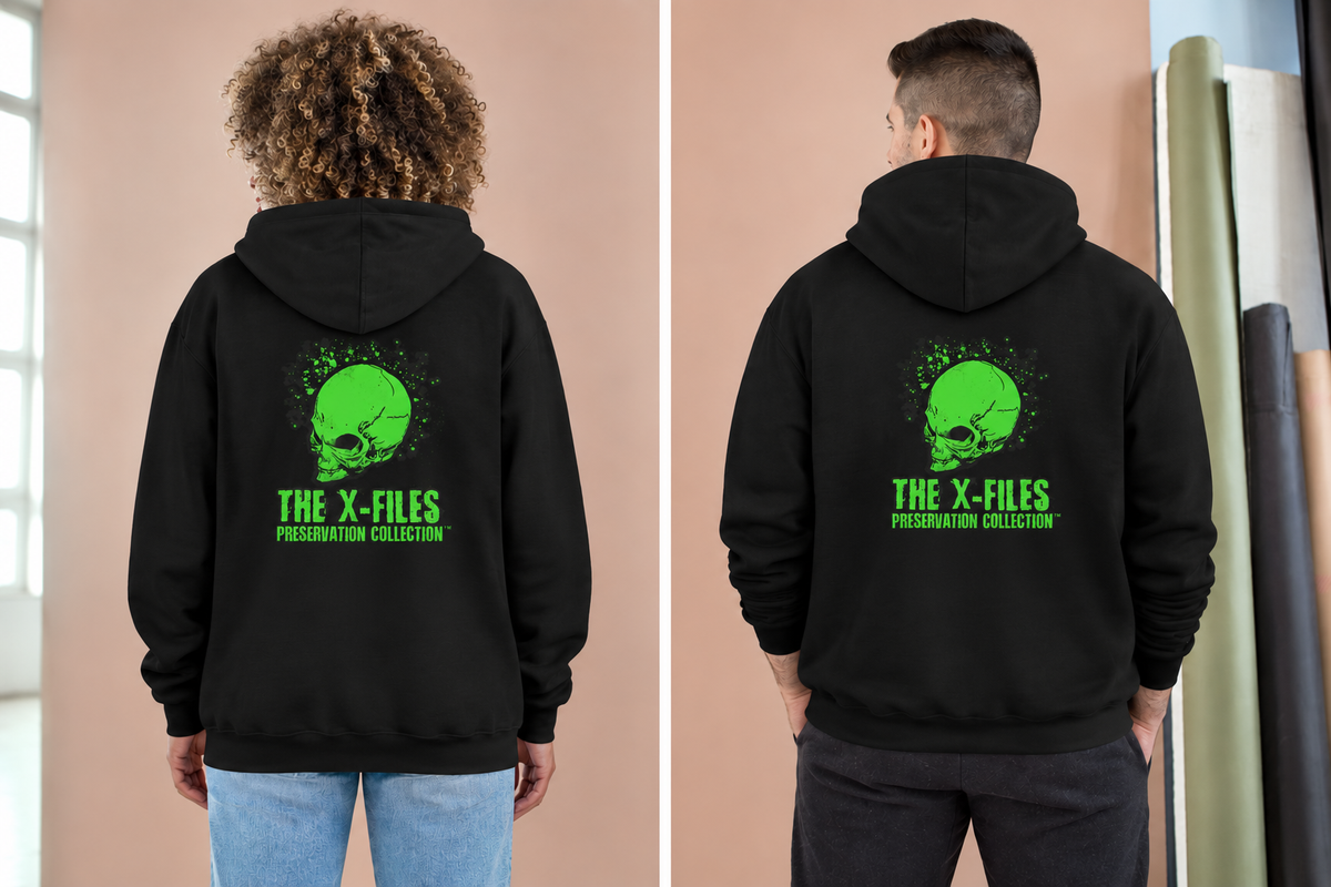 X‑Files Neon Alien Skull Hoodie — Retro Green Skull Graphic Pullover
