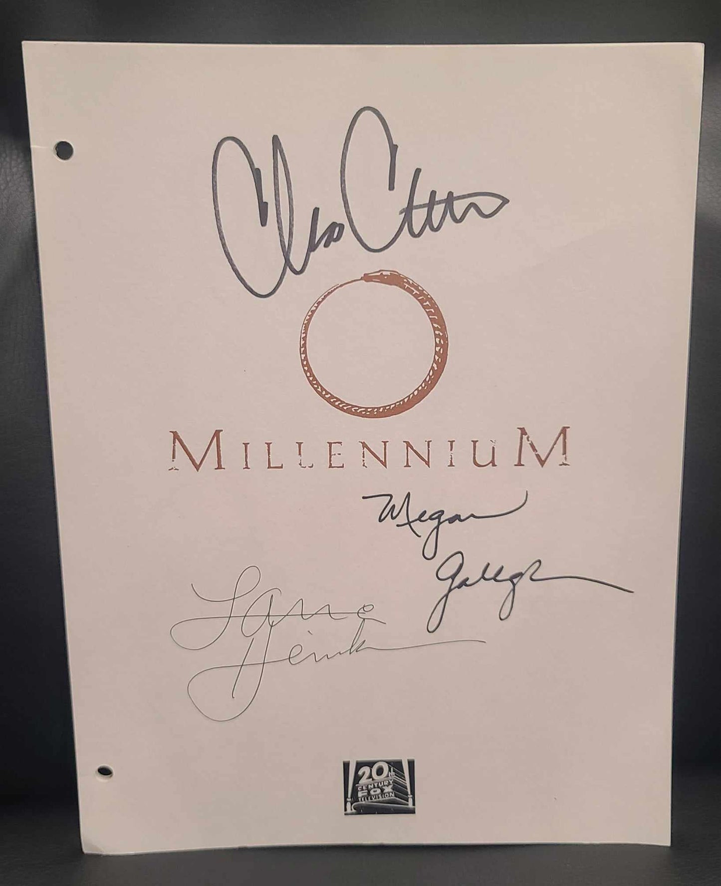 Millennium Script cover autographed by Chris Carter, Lance Hendrickson and Megan Gallagher