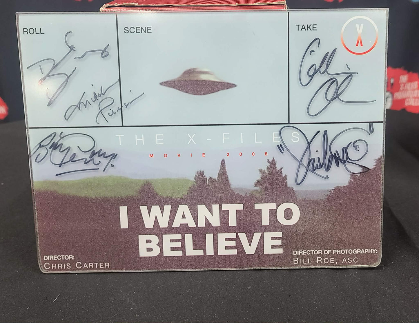 *X-Files- I Want To Believe (the Movie) Director's Slate -Autographed David Duchovny, Gillian Anderson, Mitch Pileggi, Billy Connolly and Xzibit