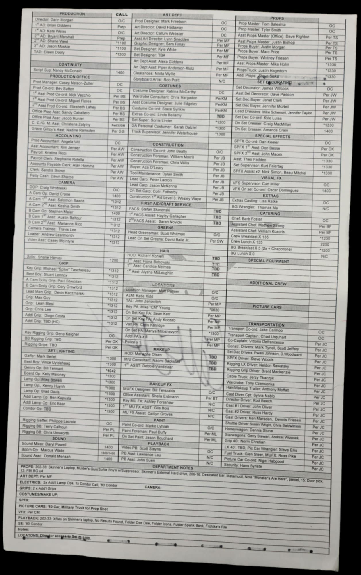 Production Used Call Sheet Autographed by Gillian Anderson / Scully