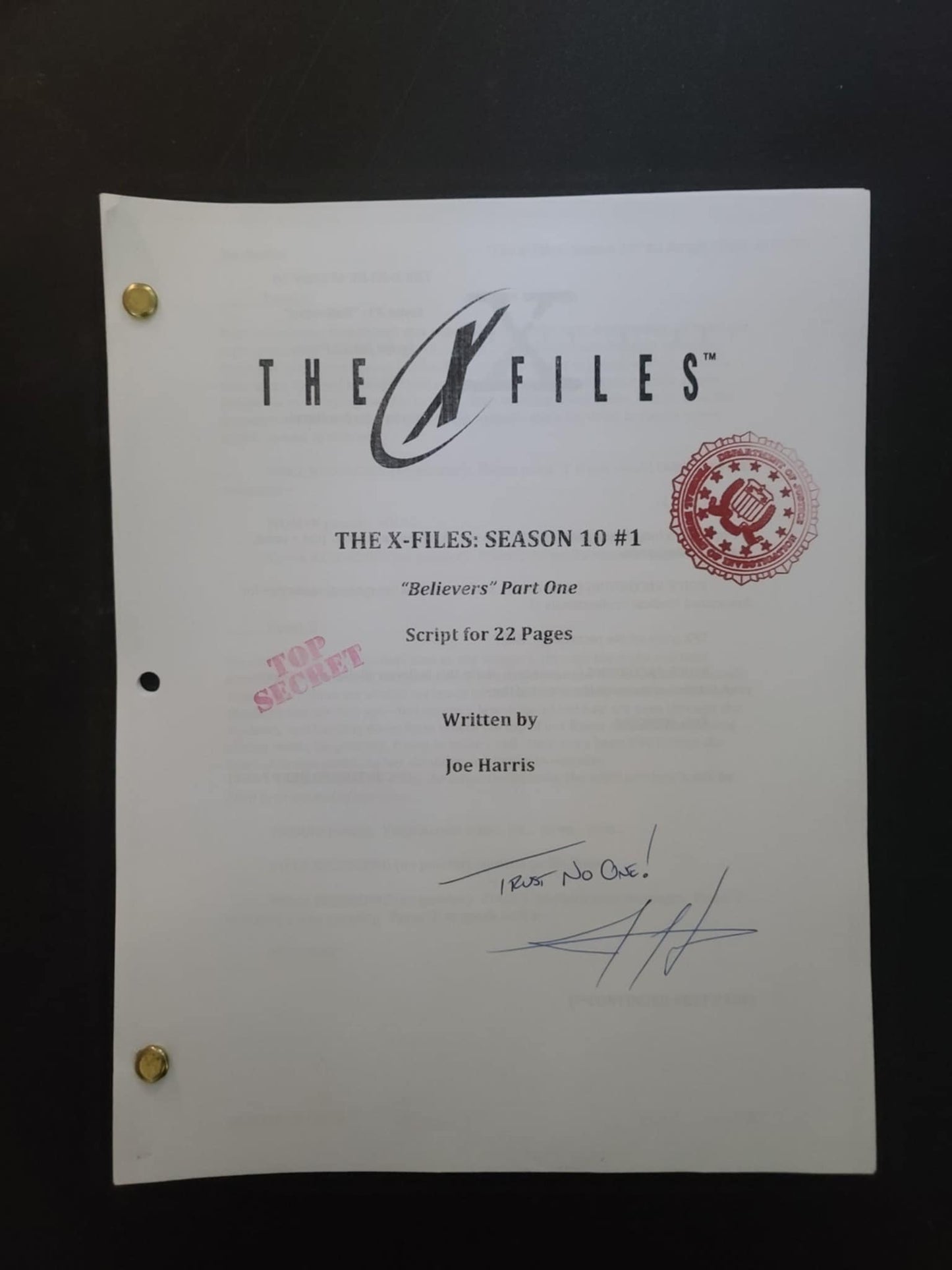 The X-Files Season 10 #1 - "Believers" Part 1 - Script for 22 pages - Autographed by Joe Harris