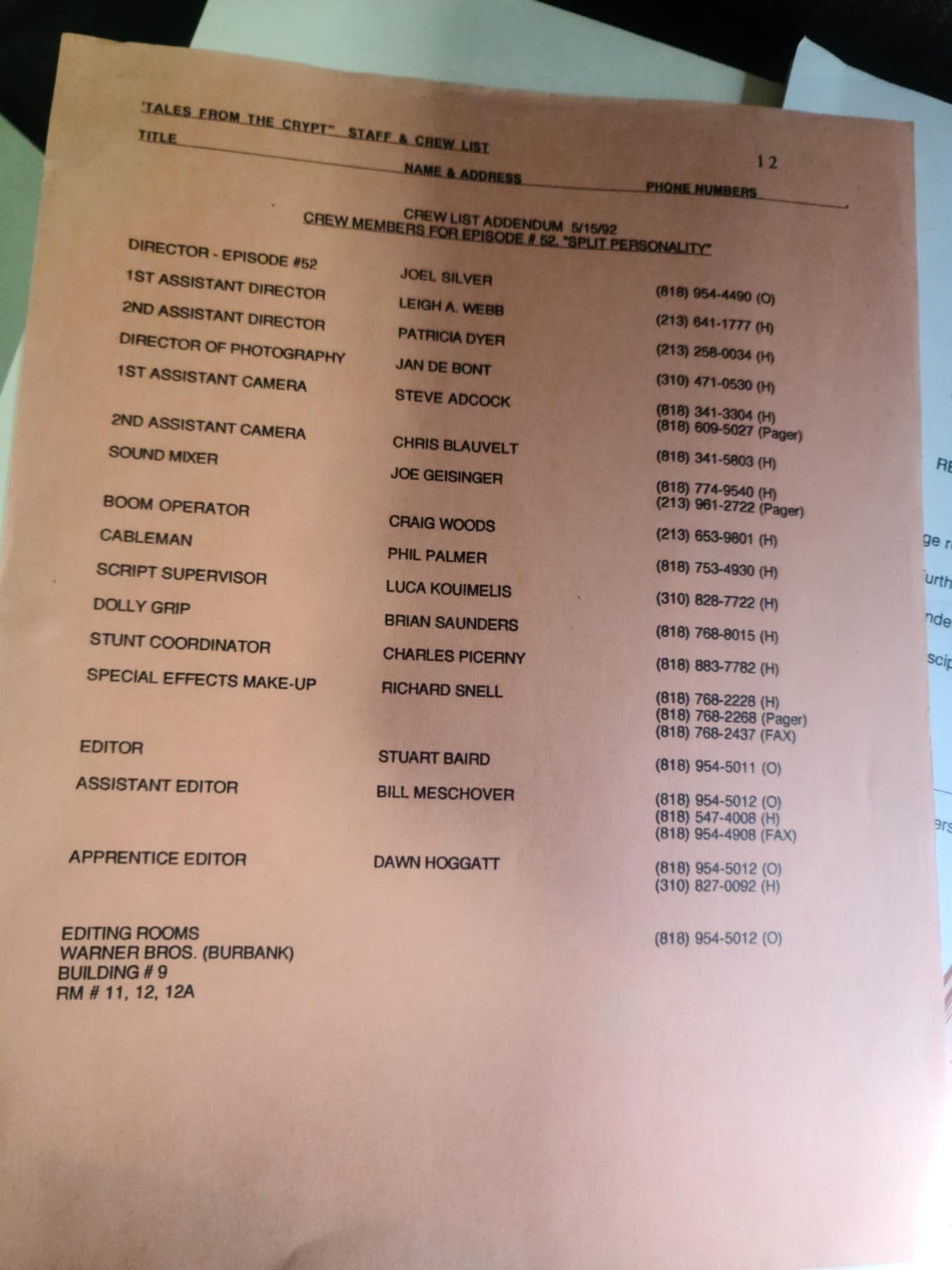 "Tales From The Crypt" Crew/Staff  log sheets -Production Used -Horror