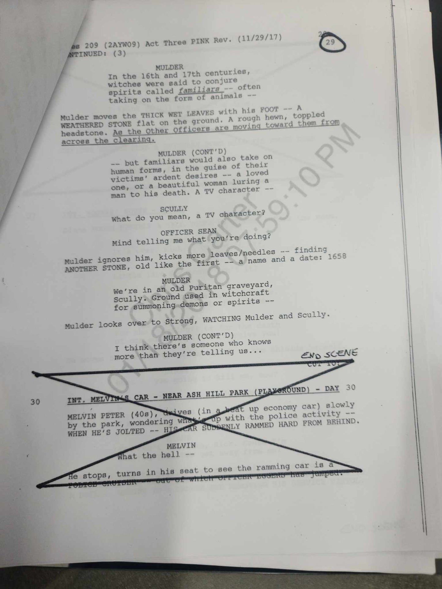 Chris Carter's Production Used partial Script Episode "Familiar" with Call Sheet