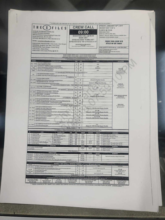 Chris Carter's Production Used partial Script Episode "Familiar" with Call Sheet